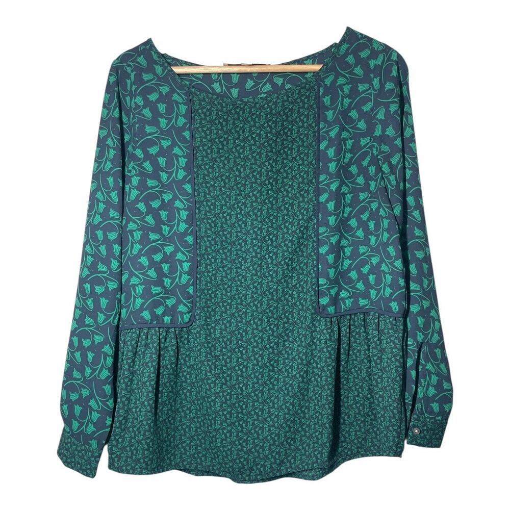 LOFT Blouse Floral Navy Kelly Green Small Petite SP Tulip